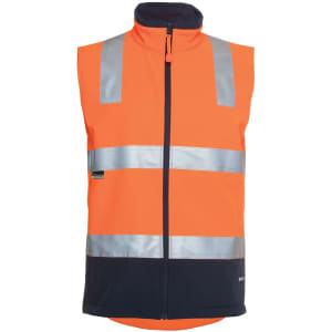 High-visibility orange softshell vest featuring reflective strips and a navy base, with a front zipper and branding.