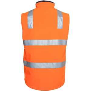 An orange softshell vest featuring reflective strips and a high collar, with a logo on the back.