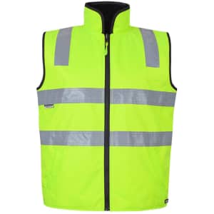 High-visibility vest in bright yellow with reflective stripes and a front zip. Features a zippered collar and pockets.
