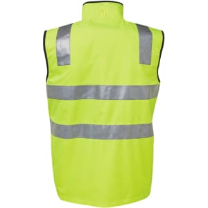 A high-visibility safety vest in bright yellow with reflective stripes. It features a sleeveless design and a logo.