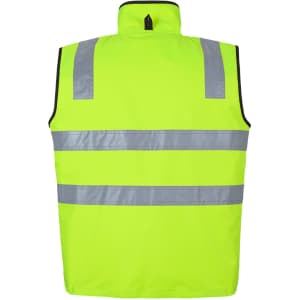 A high-visibility vest in bright yellow with reflective stripes, designed for safety wear. Features a branding logo.
