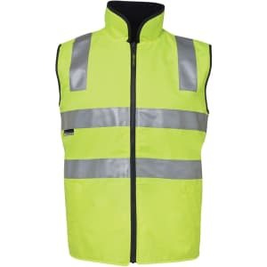 A high-visibility vest in bright yellow with grey reflective stripes and a zip closure. Features a branding logo.