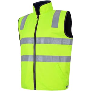 A high-visibility fluorescent yellow vest with reflective strips and a front zipper. It features a collar and pockets.