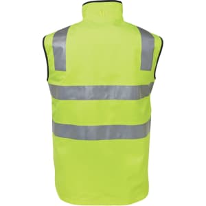 A high-visibility vest in bright yellow with reflective stripes, featuring a collar and a simple design.