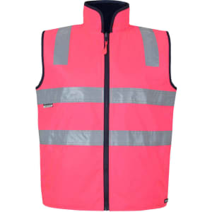 A bright pink vest with reflective stripes and a front zipper. Features a high neck and a branding logo.