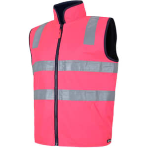 A pink safety vest featuring reflective stripes and a zippered front. It has a high collar and includes a logo.