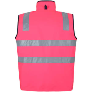 A pink safety vest featuring reflective stripes and a high collar. Includes a logo on the back.
