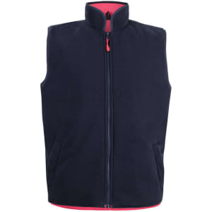 A navy vest with a high collar, zip closure, and contrasting red interior, featuring side pockets and a logo.