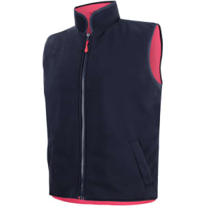 A navy vest with a high collar, featuring a front zipper and pink lining, along with side pockets.
