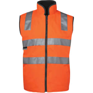 A high-visibility orange vest featuring reflective stripes and a zip closure, suitable for safety wear.