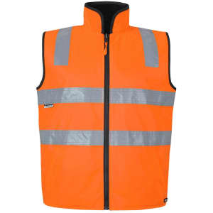 An orange safety vest featuring reflective stripes, designed for visibility and safety, with a front zipper and black collar.