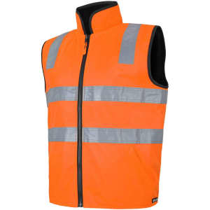 An orange reflective safety vest with grey stripes and a zip front design, featuring a collar and no sleeves.