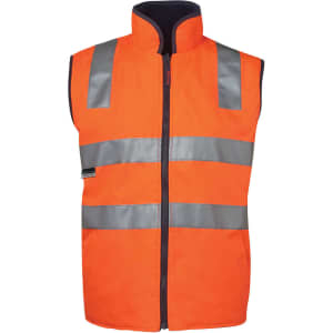 High-visibility orange vest with silver reflective strips and a zip front. Features a collar and has a logo.