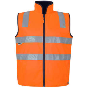High-visibility orange vest with reflective stripes and a zip-up front, designed for safety wear. Features a logo.