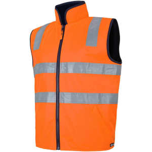 An orange safety vest featuring reflective strips, designed for visibility and uniform use. Includes a logo on the fabric.