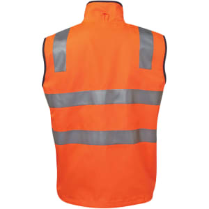 An orange safety vest with silver reflective stripes, featuring a high collar and sleeveless design.