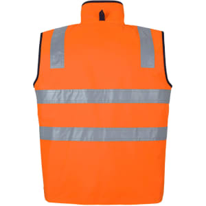An orange safety vest featuring reflective strips and a high collar. It has a logo on the back.