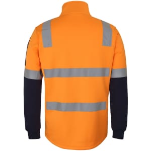 A fleecy 1/2 zip sweater in bright orange and navy with reflective strips and a logo on the sleeve.