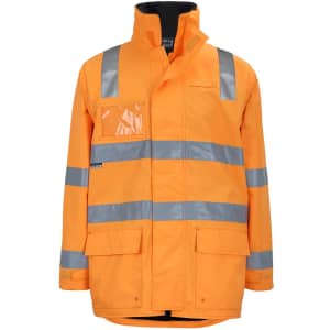 Orange work jacket featuring reflective strips and a zip-off sleeve design. Includes pockets and a logo.