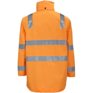 A high-visibility orange jacket featuring reflective strips and a zip-off sleeve design. Includes a logo.