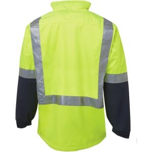 A lime and navy work jacket with reflective strips on the back. The sleeves are navy, and it features a collar.