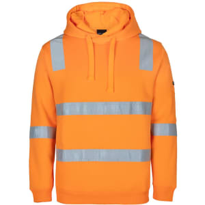 An orange hoodie with reflective silver stripes, featuring a hood and a logo on one sleeve.