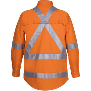 An orange long-sleeve safety shirt with reflective tape in a cross-back design, featuring a collar and button closure.