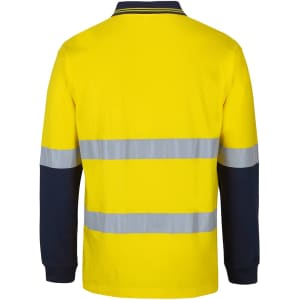 A long-sleeve cotton polo shirt in bright yellow with navy blue sleeves and reflective strips. It has a logo.