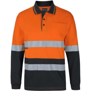 An orange and black long-sleeve polo shirt with reflective stripes and a pocket, featuring a logo on the side.