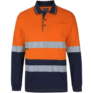 An orange and navy long-sleeve cotton polo shirt with reflective stripes and a chest pocket. Features a branding logo.