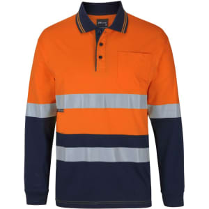 An orange and navy long-sleeve cotton polo shirt with reflective stripes and a pocket, featuring a logo.