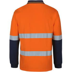 An orange long-sleeve polo shirt featuring navy blue sleeves and reflective stripes. It has a logo on the front.