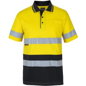 A high-visibility yellow cotton polo shirt with black stripes and reflective tape, featuring a chest pocket and logo.