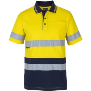A high-visibility yellow and navy polo shirt with reflective strips and a pocket, featuring branding.