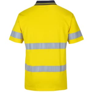 A high-visibility yellow polo shirt with reflective stripes on the back, featuring a dark collar and short sleeves.