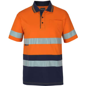 An orange and navy striped polo shirt with reflective detailing and a chest pocket. It features a logo.