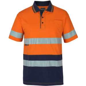 An orange and navy polo shirt with reflective stripes and a pocket, featuring a logo on the chest.