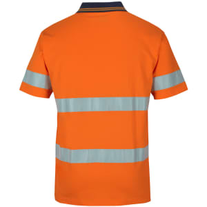 An orange polo shirt with reflective stripes, featuring a navy collar and a logo on the back.