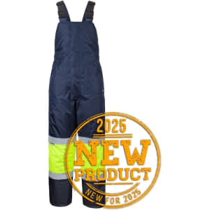 A navy and lime bib and brace with reflective tape, featuring adjustable straps and a logo. Safe wear for various environments.