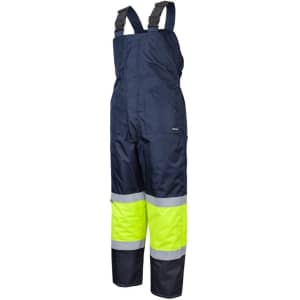 A navy bib and brace with lime reflective tape, designed as safety wear, featuring shoulder straps and wide legs.