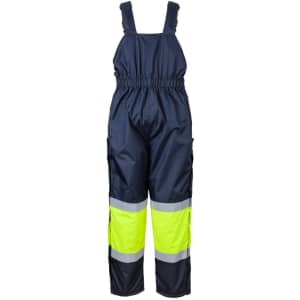Navy and lime bib and brace safety wear with reflective tape, featuring adjustable straps and elasticised waist.