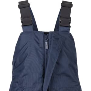 Navy bib and brace with adjustable straps and zippers, featuring lime accents and a logo.
