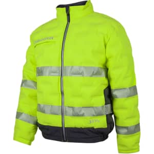 A bright yellow puffer jacket featuring reflective stripes and a black lower section. It has a logo on the front.