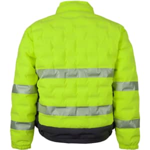 A bright lime green puffer jacket featuring reflective stripes, with a black bottom section and a visible logo.