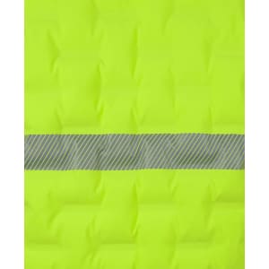 A bright yellow puffer jacket with a grey striped band and a logo on the chest area.