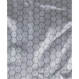 A close-up of a textured fabric featuring a hexagonal pattern in shades of grey and black, likely used in a puffer jacket.