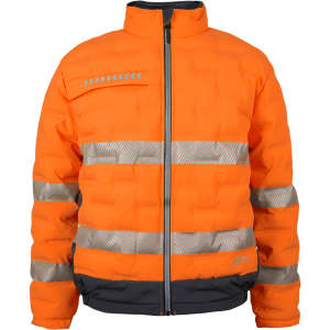 An orange puffer jacket with reflective stripes and a black lower trim, featuring a logo on the front.