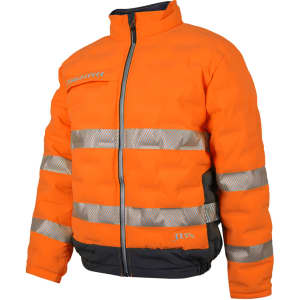 An orange puffer jacket with reflective strips and a black base, featuring a logo on the front.