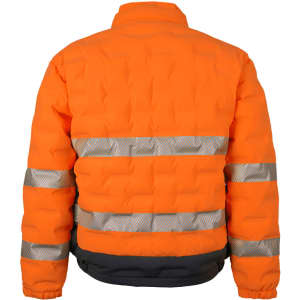 An orange puffer jacket with reflective stripes, featuring a quilted design and a dark bottom section.