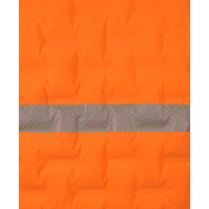 An orange puffer jacket featuring a grey striped band across the centre and a logo.